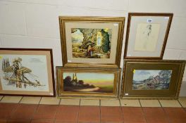 FIVE VARIOUS PICTURES to include nude sketch, signed M.F.Codner, approximate size 15cm x 20cm, an