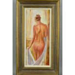 KAREN WALLIS (CONTEMPORARY) OIL ON BOARD OF A SCANTILY CLAD WOMAN LOOKING OUT OF A WINDOW, signed