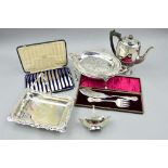 A CASED SET OF SIX HARRODS MOTHER OF PEARL HANDLED DESSERT KNIVES AND FORKS, a cased pair of fish