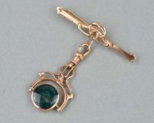 A 9CT GOLD BROOCH WITH DETACHABLE SWIVEL FOB, set with bloodstone and cornelian in a circular rub
