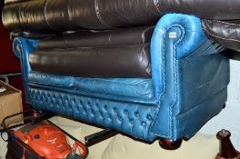 A BLUE LEATHER TWO SEATER CHESTERFIELD SOFA