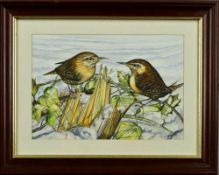 DAVID A HICKS (BRITISH 20TH CENTURY) A WATERCOLOUR PAINTING OF A PAIR OF BIRDS IN THE SNOW, signed