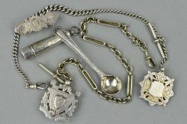 FIVE LATE 19TH AND EARLY 20TH CENTURY SILVER ITEMS, to include two Albert chains with medallions,