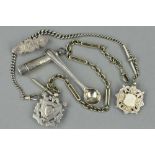 FIVE LATE 19TH AND EARLY 20TH CENTURY SILVER ITEMS, to include two Albert chains with medallions,