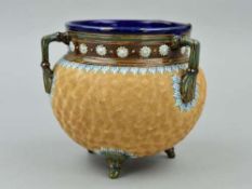 A ROYAL DOULTON STONEWARE TYG CAULDRON/JARDINIERE, incises and applied relief decoration, on three