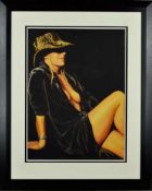 JOHN MOULD (BRITISH -1958) 'VOGUE RELAXING', a pastel drawing of a woman in a black shirt and a hat,