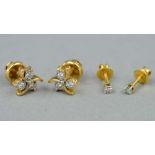 TWO PAIRS OF DIAMOND EARRINGS, the first a pair of modern round brilliant cut diamond ear studs,