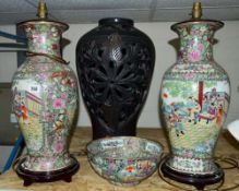 A PAIR OF CHINESE FAMILLE ROSE STORAGE JARS WITH LAMP FITTINGS, sitting on hardwood bases, height