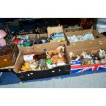 FIVE BOXES AND LOOSE CERAMICS, SUNDRIES, SEWING ITEMS, etc, to include small stool, sewing box,