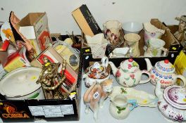 TWO BOXES AND LOOSE CERAMICS, GLASSWARES, METALWARES ETC, to include Goldscheide with Myott Cat,