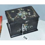A PAPIER MACHE MOTHER OF PEARL INLAID TEA CADDY, fitted interior, approximate width 16cm (missing
