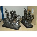 A PAIR OF SPELTER SCULPTURES OF CHARIOTS, being pulled by a team of horses, mounted on wooden