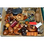 A SMALL BOX OF SUNDRIES, to include badges (Royal Corps) of Signals, Brownie, scouts etc), treen