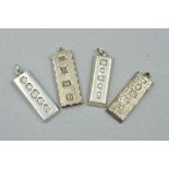 FOUR SILVER INGOT PENDANTS, to include three hallmarked Sheffield 1977 and another hallmarked