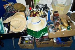SEVEN BOXES AND LOOSE SUNDRY ITEMS, to include hats, kitchen wares, wooden ducks, cushions, scarves,