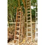 TWO WOODEN EXTENDING LADDERS, and three sets of wooden steps (5)