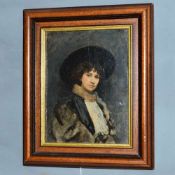 AN EARLY 20TH CENTURY OIL ON BOARD PAINTING OF A LADY WEARING A HAT AND COAT, unsigned with a