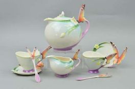 FRANZ PORCELAIN BUTTERFLY HANDLED TEAWARES, to include teapot, milk jug, two cups and saucers and