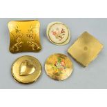 FIVE GILT COMPACTS, to include a Stratton compact with musical feature