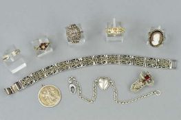 A SMALL QUANTITY OF SILVER JEWELLERY, to include a marcasite bracelet, marcasite ring, a marcasite