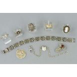 A SMALL QUANTITY OF SILVER JEWELLERY, to include a marcasite bracelet, marcasite ring, a marcasite