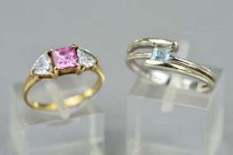 TWO 9CT GEM SET RINGS, the first a square topaz in a crossover setting, hallmarked Birmingham,
