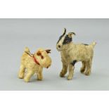 TWO UNMARKED SMALL PLUSH DOGS, both are Terriers and both have some wear and damage, length of