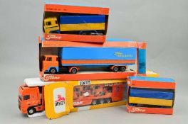 TWO BOXED TEKNO SCANIA 140 MODELS, articulated with metal tilt trailer, No.421, has minor damage and
