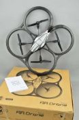AN A.R. PARROT DRONE, not tested, but appears complete with battery, charger, adaptors, guard rings,