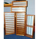 FIVE GLASS FRONTED WALL MOUNTED WOODEN DISPLAY CABINETS, sizes approximately 36cm wide x 19cm deep x