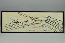 A FRAMED AND GLAZED PART OF A SIGNAL BOX DIAGRAM, Hawkins Lane Junction, Burton Upon Trent, not