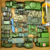 A QUANTITY OF UNBOXED AND ASSORTED PLAYWORN DIECAST MILITARY VEHICLES, Dinky, Corgi and Britains