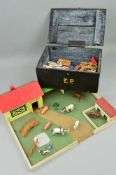 A WOODEN FARM YARD, c.1970's, with a quantity of plastic animals and accessories, Britains, Crescent
