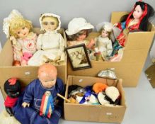 A COLLECTION OF ASSORTED DOLLS AND ACCESSORIES, to include reproduction porcelain head/cloth body