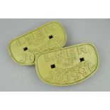 A PAIR OF L.N.E.R TYPE D CAST IRON WAGON PLATES, No.303992, Darlington 1947, fronts repainted green,