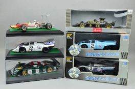 SIX BOXED MODERN DIECAST RACING CAR MODELS, all 1:18 scale, Universal Hobbies, Eagles Race, Maisto &