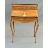 AN EARLY 20TH CENTURY ROSEWOOD AND INLAID BUREAU DE DAME, the raised back with heart shaped