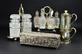 A LATE 19TH CENTURY SILVER PLATED DRESSING TABLE BOX, of rectangular form, cast in relief throughout