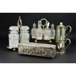 A LATE 19TH CENTURY SILVER PLATED DRESSING TABLE BOX, of rectangular form, cast in relief throughout