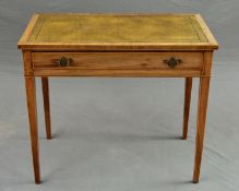 A GEORGE III ROSEWOOD AND INLAID SIDE TABLE, (sun bleached), of rectangular form, later tooled green