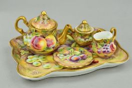 A BRIAN COX (ROYAL WORCESTER ARTIST) MINIATURE HAND PAINTED PART TEASET ON TRAY, comprising
