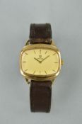 A GENTS OMEGA 9CT GOLD CASED WRISTWATCH, square dial, case No.1115496, on leather strap, working,