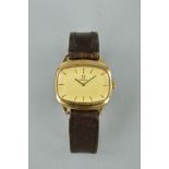 A GENTS OMEGA 9CT GOLD CASED WRISTWATCH, square dial, case No.1115496, on leather strap, working,