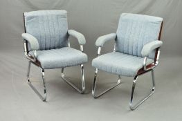 GORDON RUSSELL FOR GIROFLEX, a pair of chrome and rosewood veneer boardroom armchairs, covered in