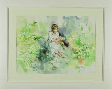 GORDON KING (BRITISH 1931), a young woman holding a bunch of flowers, watercolour, signed lower