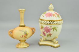 A GRAINGER & CO WORCESTER IVORY GROUND POT POURRI AND COVER, of ovoid form, reticulated finial and