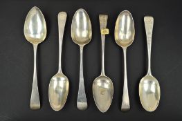 SIX GEORGE II/III SILVER LONDON ASSAYED TABLESPOONS, comprising crested, makers Thomas Eustace &
