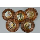 FIVE VICTORIAN OAK FRAMED CIRCULAR POT LIDS, including Garibaldi, Seven Ages of Man, No: By Heaven I