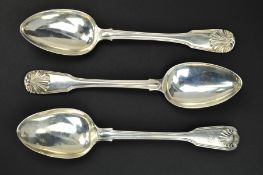A PAIR OF GEORGE III SILVER FIDDLE, SHELL AND THREAD PATTERN TABLESPOONS, engraved with a walking