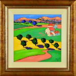 RICHARD PARGETER (BRITISH CONTEMPORARY), a stylised French countryside scene, oil on canvas,